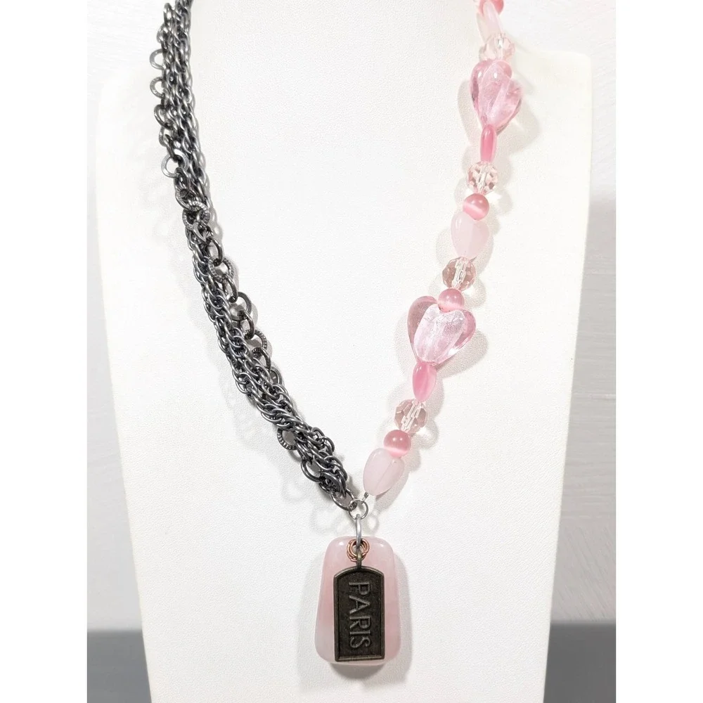 Pink Frosted Glass Heart Multi‎ Chain Paris Charm Necklace 20